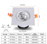 Recessed Square Dimmable LED Downlights 7W 9W 12W COB LED Ceiling Lamp AC85-265V Warm/Cold White LED Spot Lights Indoor Lighting
