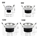 DBF Round Recessed LED COB Downlight Dimmable 6W 9W 12W 15W LED Ceiling Spot Light AC85-265V 3000K/4000K/6000K Indoor Lighting