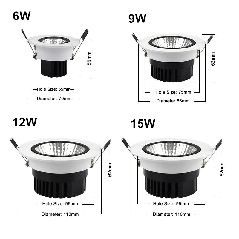 DBF Round Recessed LED COB Downlight Dimmable 6W 9W 12W 15W LED Ceiling Spot Light AC85-265V 3000K/4000K/6000K Indoor Lighting