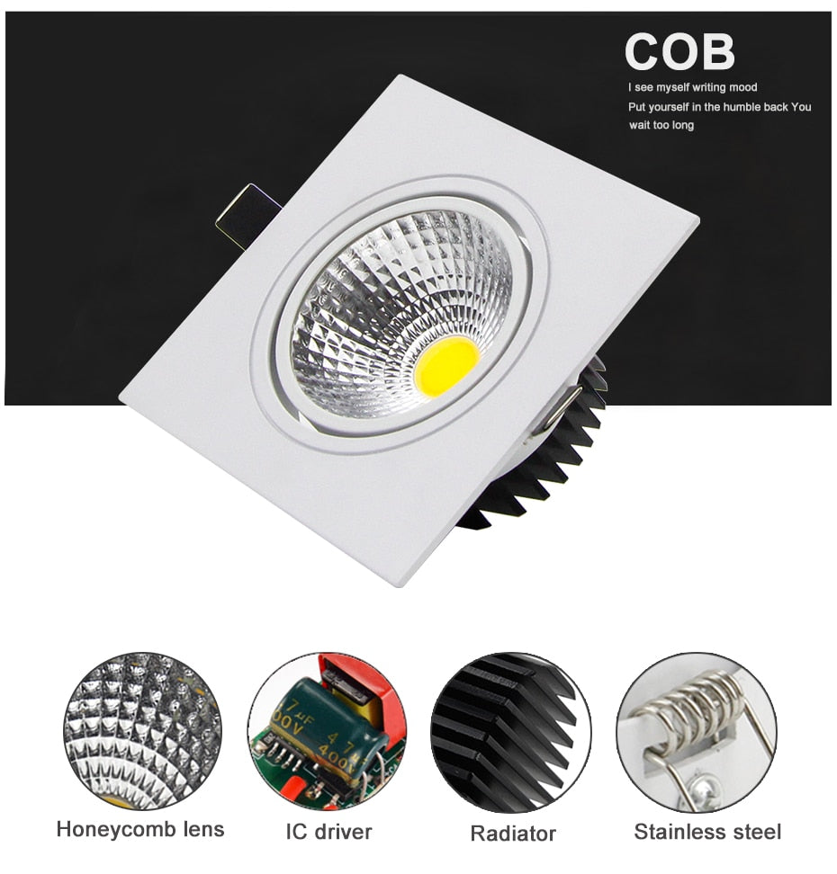 DBF Black/White/Silver Square Recessed LED Dimmable Downlight COB 7W 9W 12W 15W LED Ceiling Spot Lamp with AC 110V 220V