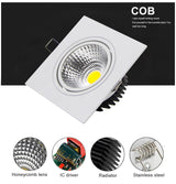 DBF Black/White/Silver Square Recessed LED Dimmable Downlight COB 7W 9W 12W 15W LED Ceiling Spot Lamp with AC 110V 220V