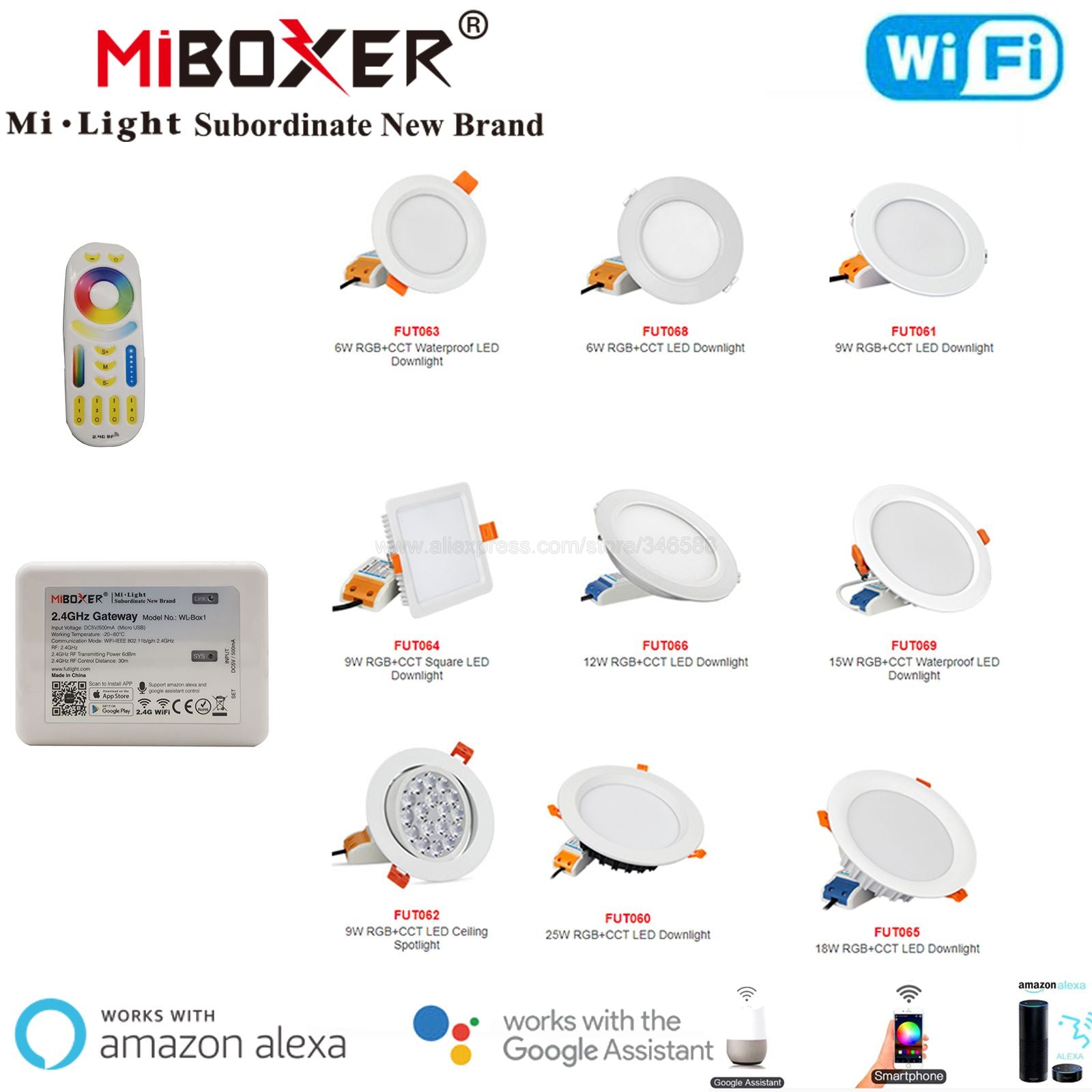 Miboxer 2.4G Smart Downlight AC110V/220V 6W 9W 12W 15W 18W 25W RGBCCT LED Ceiling Lamp Wireless Remote & WiFi APP Voice Control