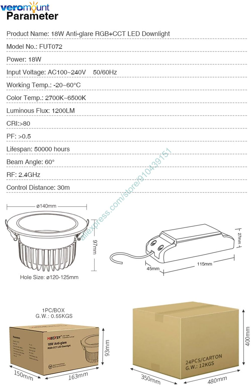 MiBoxer FUT072 18W Anti-glare RGBCCT Smart LED Downlight  AC100~240V Smart Phone WiFi APP / 2.4G RF Remote / Alexa Voice Control