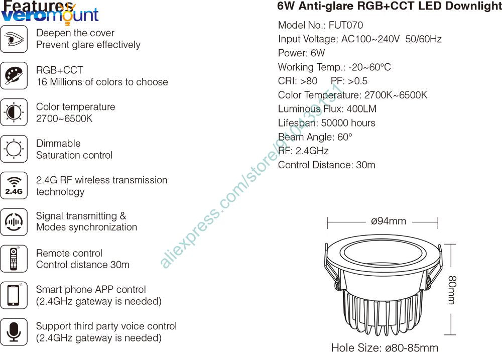 MiBoxer FUT072 18W Anti-glare RGBCCT Smart LED Downlight  AC100~240V Smart Phone WiFi APP / 2.4G RF Remote / Alexa Voice Control