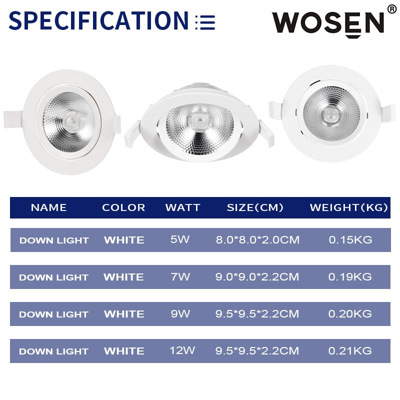 Led downlight light COB Ceiling Spot Light 7W 9W 12W ceiling recessed Lights Indoor Lighting