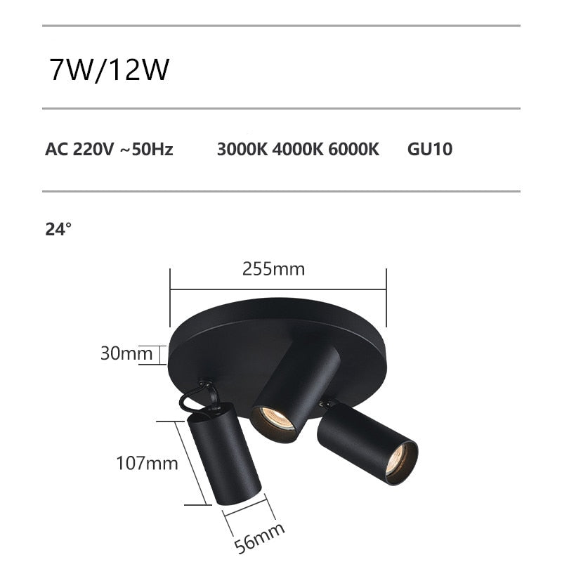 Dimmable creative three-head spotlight 7W/12W round led ceiling home living room surface mounted cob spotlight downlight