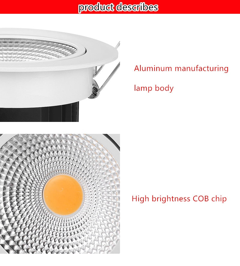 Super bright LED recessed LED spotlight with dimmable COB 5W 7W 9W 12W LED spotlight LED decorative ceiling light AC/DC 12V
