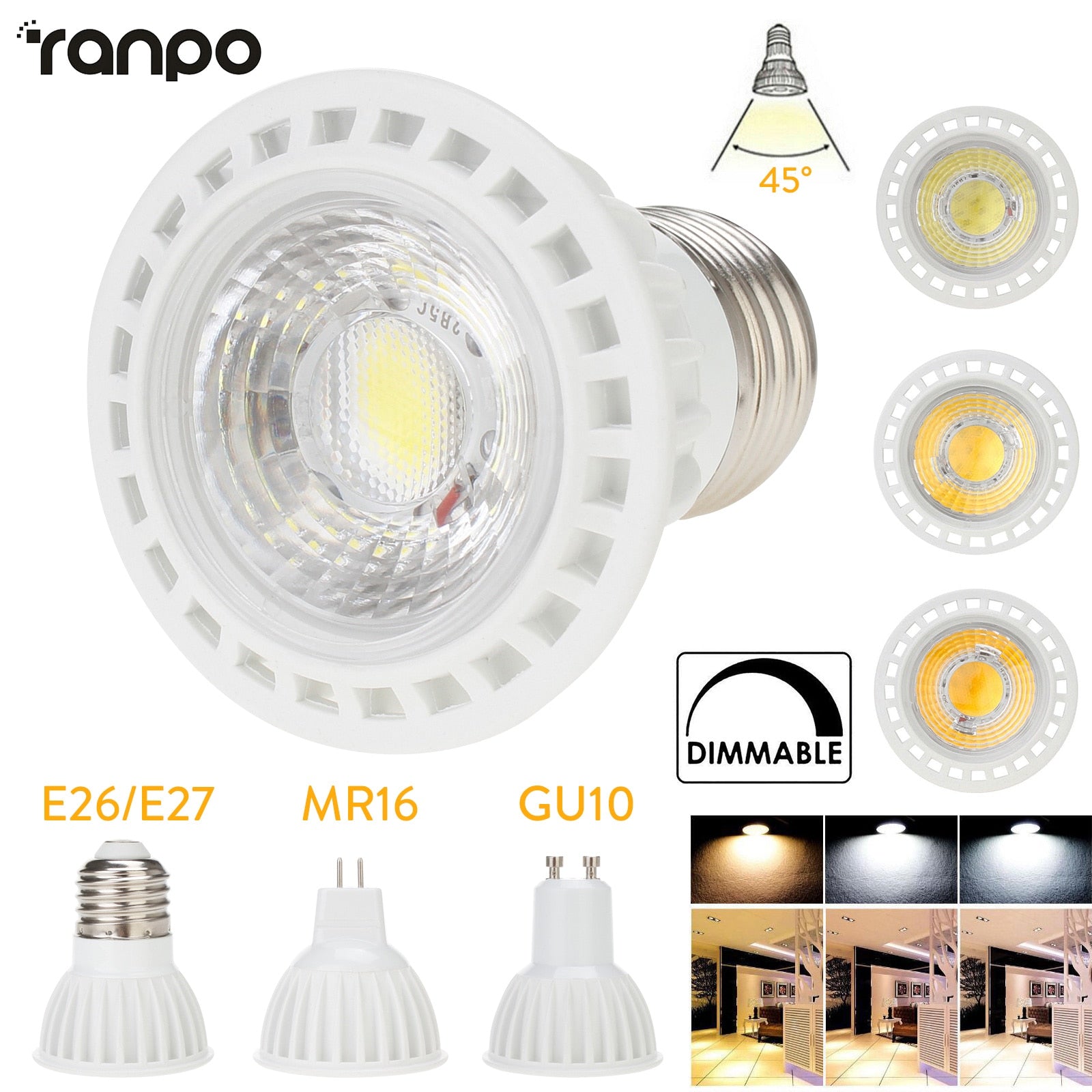 Dimmable LED Spotlight E26 E27 GU10 MR16 15W COB Light Bulbs 45° Beam Angle 110V 220V DC12V for Home Office Table Lamp Downlight