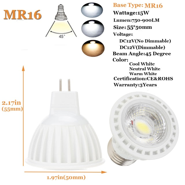 Dimmable LED Spotlight E26 E27 GU10 MR16 15W COB Light Bulbs 45° Beam Angle 110V 220V DC12V for Home Office Table Lamp Downlight