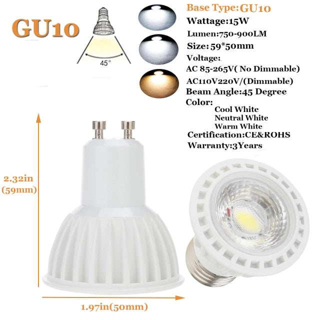 Dimmable LED Spotlight E26 E27 GU10 MR16 15W COB Light Bulbs 45° Beam Angle 110V 220V DC12V for Home Office Table Lamp Downlight