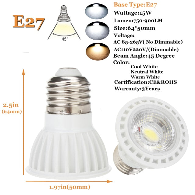 Dimmable LED Spotlight E26 E27 GU10 MR16 15W COB Light Bulbs 45° Beam Angle 110V 220V DC12V for Home Office Table Lamp Downlight