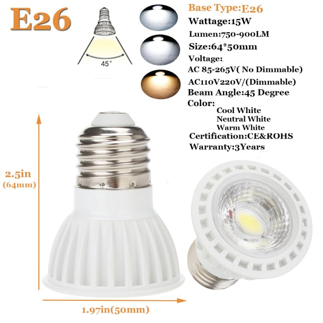 Dimmable LED Spotlight E26 E27 GU10 MR16 15W COB Light Bulbs 45° Beam Angle 110V 220V DC12V for Home Office Table Lamp Downlight