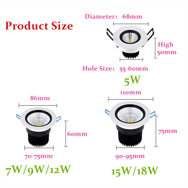 Round Dimmable Recessed LED Downlights 5W 7W 9W 12W 15W 18W COB LED Ceiling Spot Lights AC110-220V Warm Cold White LED Lamp