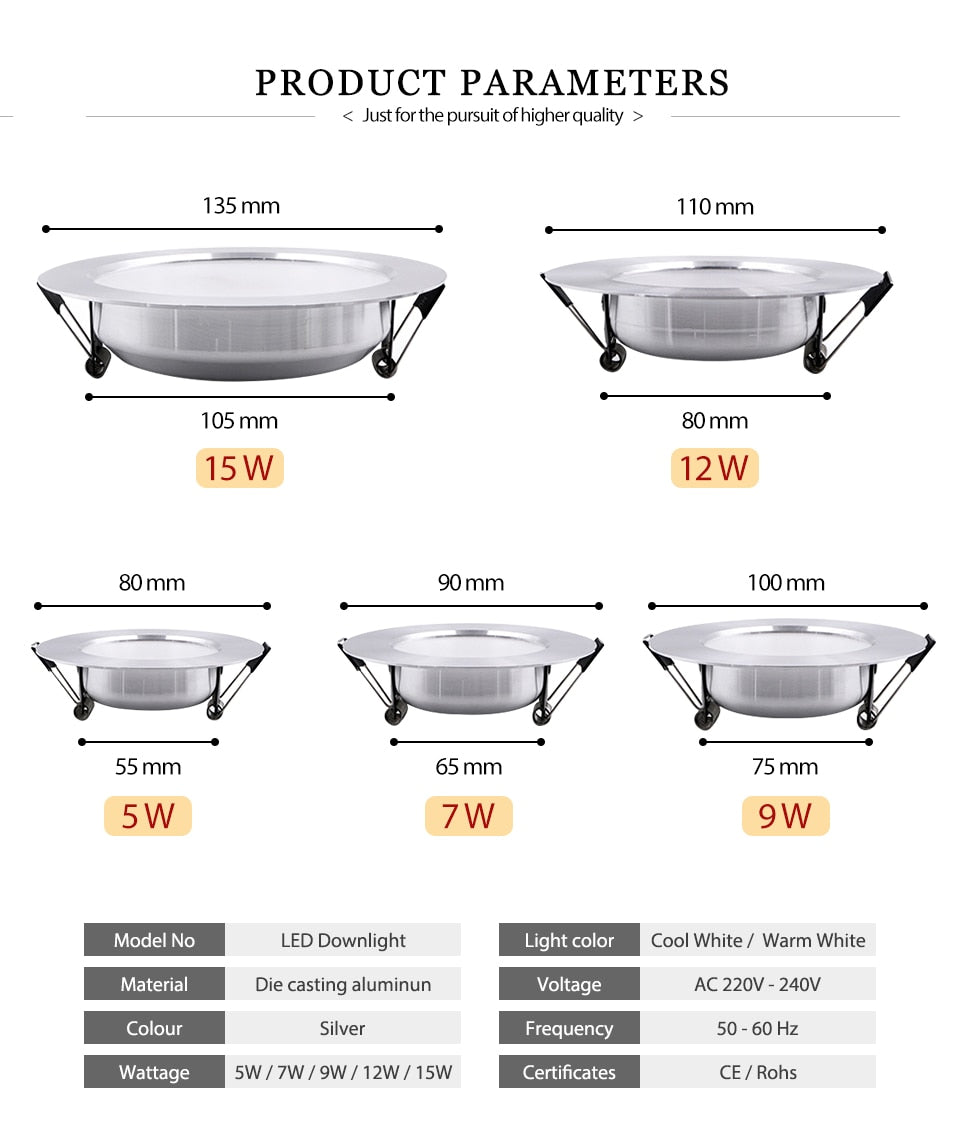 KARWEN LED Downlight 5W 7W 9W 12W 15W silver body Ceiling light Cold Warm white led light AC 220V 230V 240V for Living room