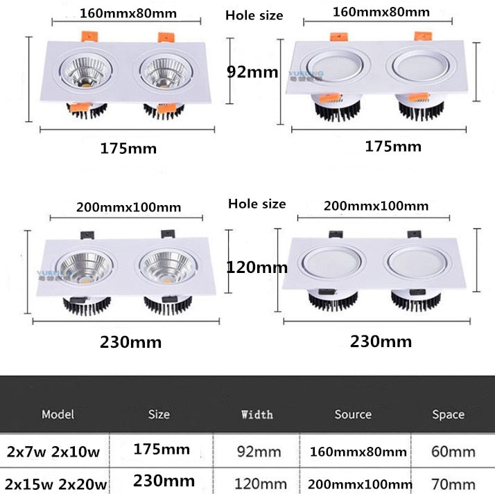 Dimmable Double AC85V-265V 2x7W 2x9W 2x12W 15W Ceiling Downlight Epistar LED Lamp Recessed Spot Light For home illumination
