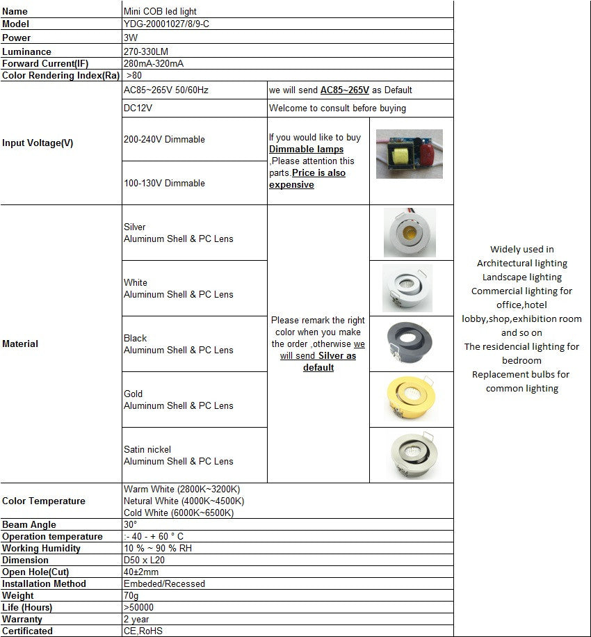 Led 3W Downlight White/Black/Golden/Silver Body Dimmable Spot COB LED mini ceiling light Indoor LED Spot Lighting