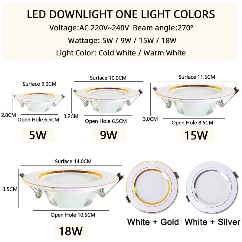 LED Downlight 3W 5W 9W 12W 15W 18W Spot Downlight AC 220V gold Silver White Ultra Thin Aluminum Round Recessed LED Spot Lighting