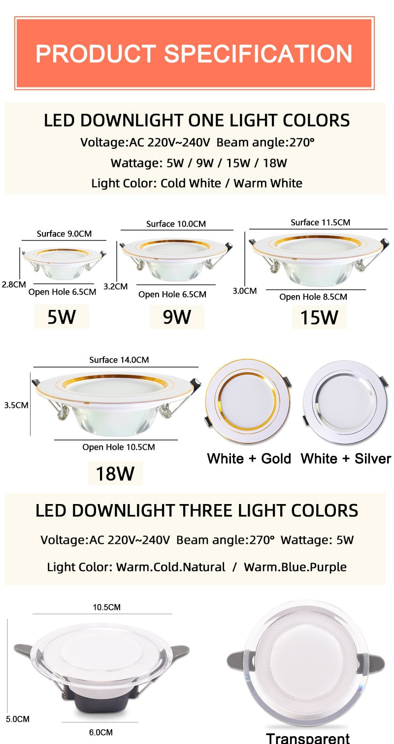 LED Downlight 3W 5W 9W 12W 15W 18W Spot Downlight AC 220V gold Silver White Ultra Thin Aluminum Round Recessed LED Spot Lighting