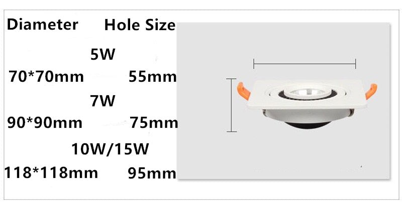 LED Dimmable Square cob recessed Downlight COB 5W 7W 10W 15W 20W 30W LED Spot light decoration Ceiling Lamp ac85-265V LED light