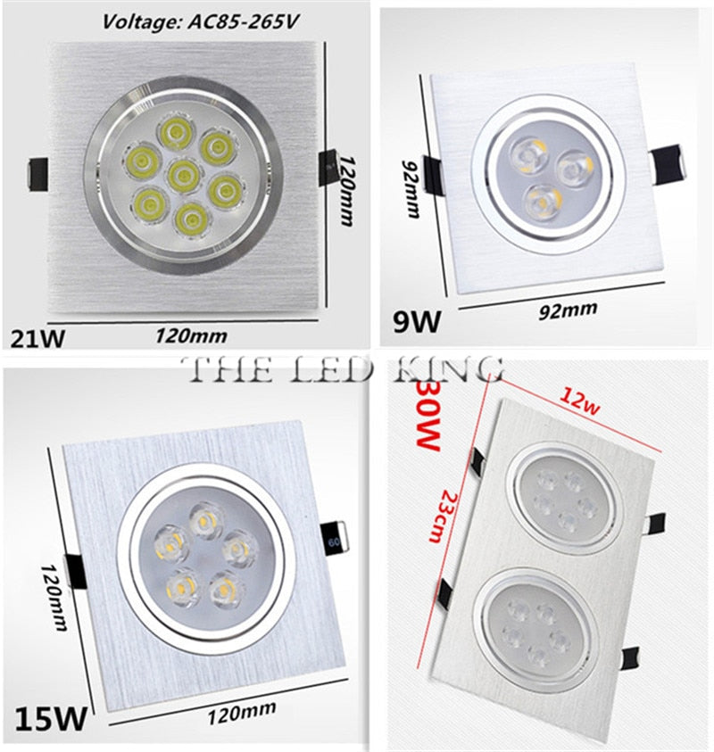 Super Bright Square Dimmable black Silver Aluminum 9W 12W 15W 18W LED Downlight AC 220V 110V Recessed LED Spot Lighting