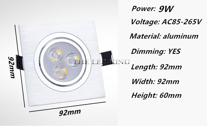 Super Bright Square Dimmable black Silver Aluminum 9W 12W 15W 18W LED Downlight AC 220V 110V Recessed LED Spot Lighting