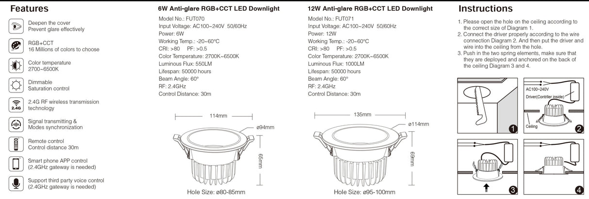 6W 12W 18W RGB+CCT LED Downlight FUT070 FUT071 FUT072 Smart Phone APP Remote Voice Control Anti-glare 16 Millions Colors