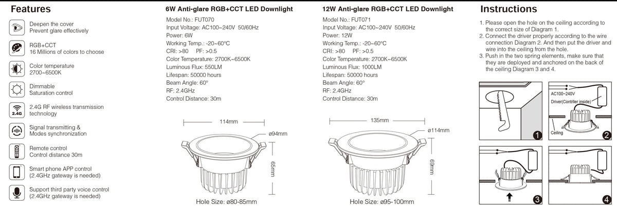 6W 12W 18W RGB+CCT LED Downlight FUT070 FUT071 FUT072 Smart Phone APP Remote Voice Control Anti-glare 16 Millions Colors