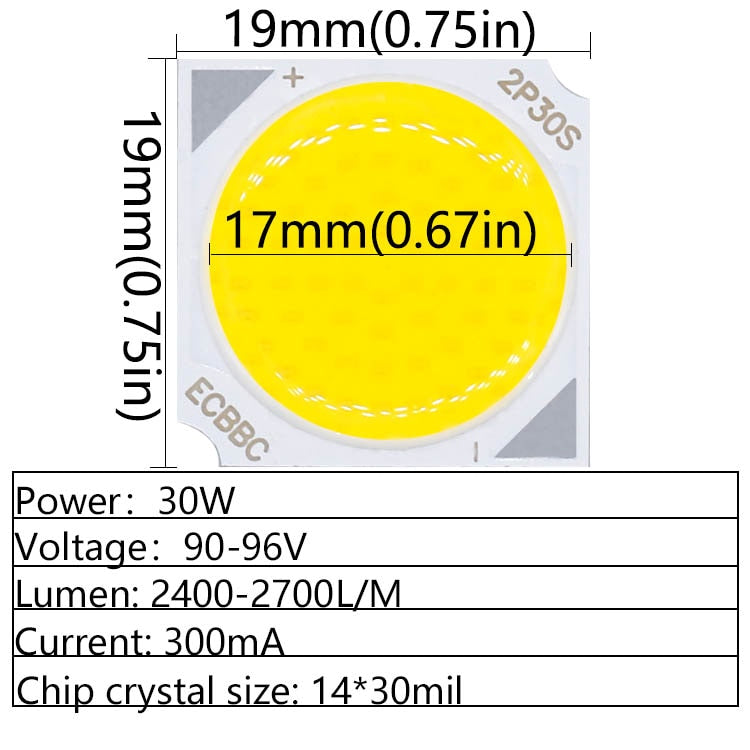 LED COB Light Bulb On Board 30W DC90-96V 300mA 19*19mm High Power LED Chip Light Lamp Spotlight Downlight Lamps