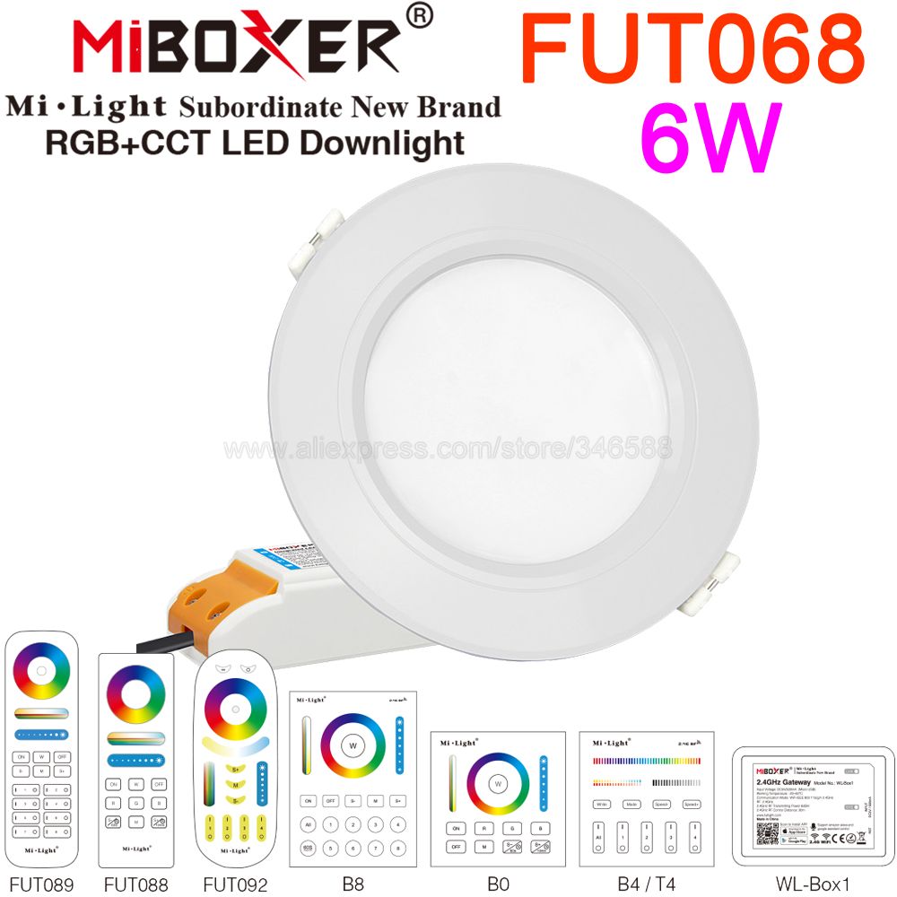 MiBoxer 6W Smart RGB+CCT Downlight with Driver AC85-260V FUT068 2.4G Wireless RF Remote WiFi APP Alexa Google Voice Control
