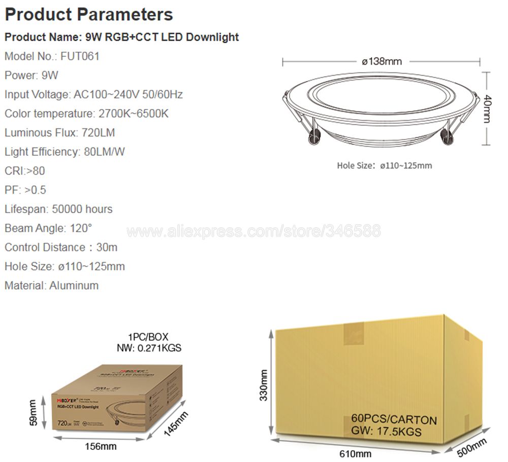 MiBoxer FUT061 9W Smart RGB+CCT LED Recessed Ceiling Downlight AC100-240V Support 2.4G RF Remote WiFi APP Voice Control
