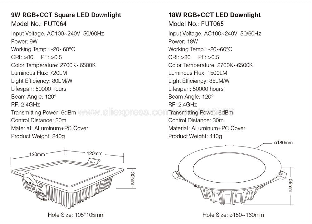 MiBoxer FUT061 9W Smart RGB+CCT LED Recessed Ceiling Downlight AC100-240V Support 2.4G RF Remote WiFi APP Voice Control