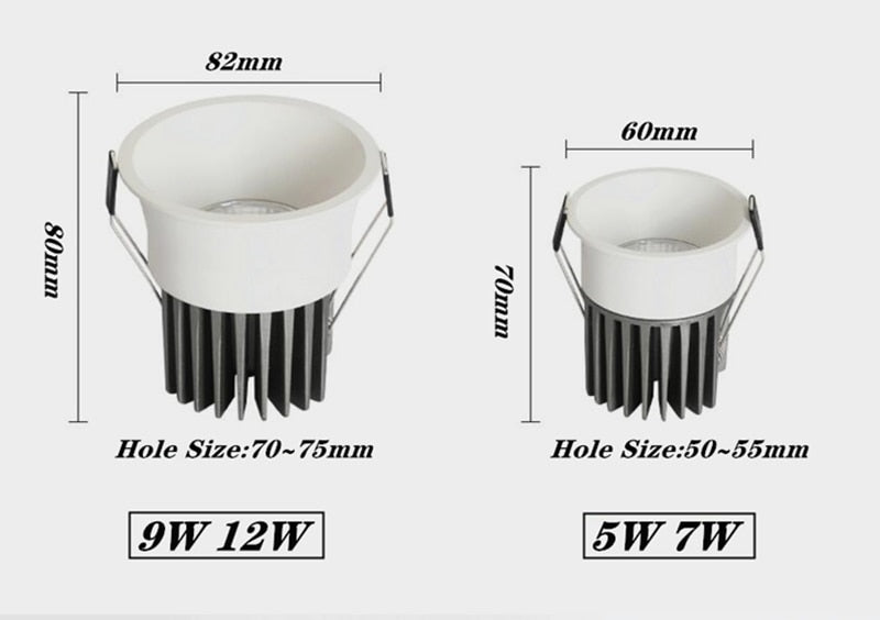 Super Bright Anti Glare Recessed Dimmable COB LED Downlights 7W 9W 12W LED Ceiling Spot Lights AC85~265V Background Lighting