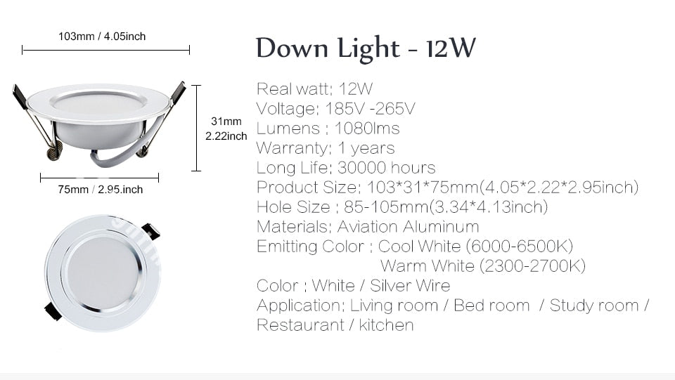 6PCS/lot LED Downlight 7W 9W 12W 15W 18W Round Recessed Spot Light AC220V 240V Home Decor Waterproof Down Light spot led Lamp