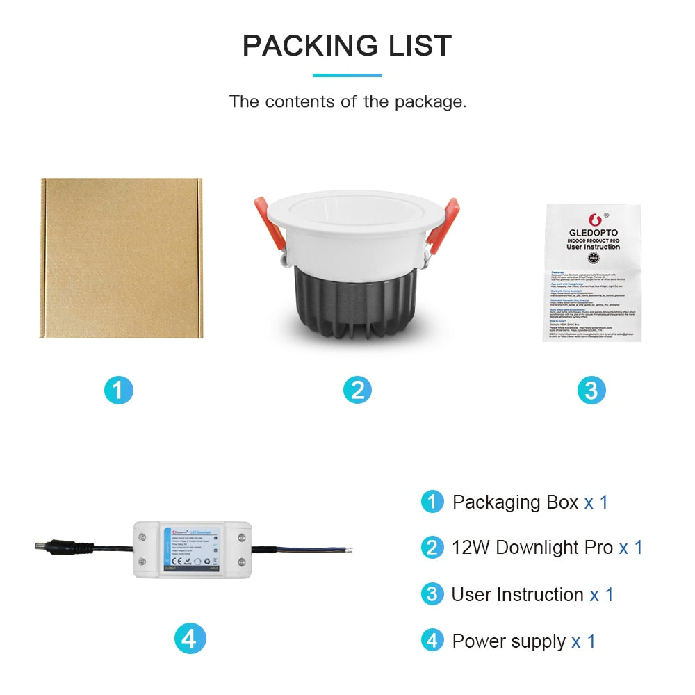 GLEDOPTO Zigbee 3.0 Smart RGBCCT Recessed Downlight LED 12W Pro Dimmable Waterproof IP54 For Kitchen Bedroom Corridor Bathroom