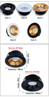Dimmable LED COB Downlight 3W Round Mini Spotlight Ceiling AC85-265V White Lighting Bulb for Cabinet Counter Showcase