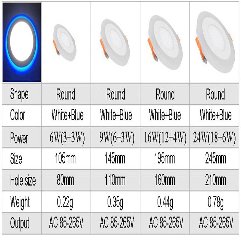 Blue+White 1pcs Round LED Panel Downlight 6W 9W 16W 24W Double LED Panel Lights AC85-265V Recessed Ceiling Panel Lamps