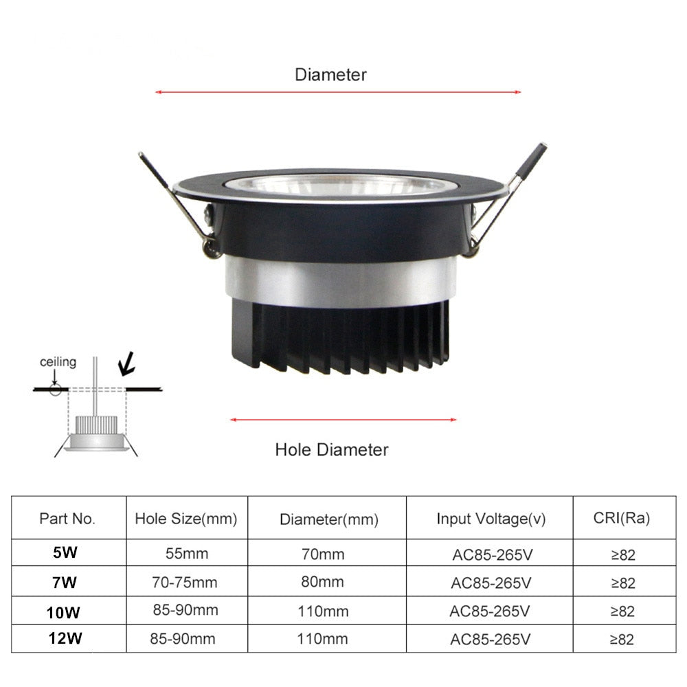 DBF Round Black Housing Embedded Downlight Dimmable 5W 7W 9W 12W Ceiling Recessed Spot Lights with AC 110V 220V LED Transformer