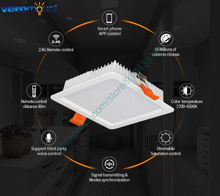 MiBoxer FUT064 9W RGB+CCT Square LED Downlight AC110V 220V Smart Indoor Lamp 2.4G RF Remote Smartphone APP WiFi Voice Control