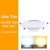 LED downlight 3W 5W 9W 12W 15W 18W downlight Silver White Ultra Thin Aluminum shell AC110V 220V Round Recessed LED Spot Lighting