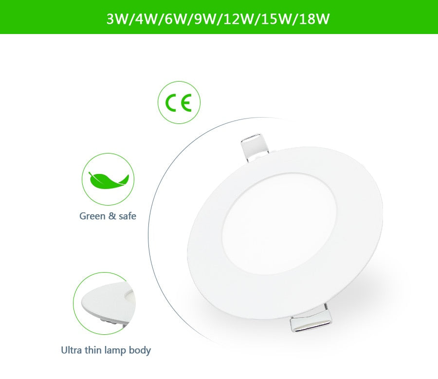 Ultra Thin LED Panel Downlight 3W 6W 9W 12W 15W 18W Round/ Square LED Ceiling Recessed Light AC85-265V LED Panel dimmable lamps