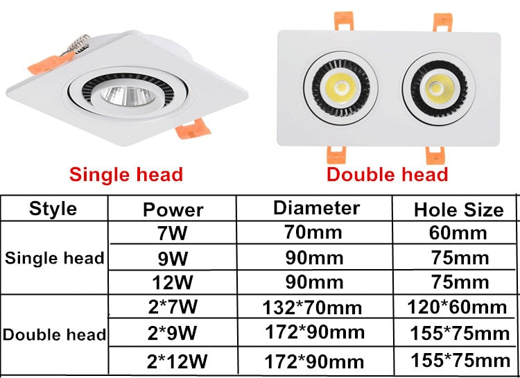 Square Dimmable Downlights 7W 9W 12W 14W 18W 24W LED Ceiling lamp recessed COB Ceiling Spot lights ac85-265V LED Indoor Lighting
