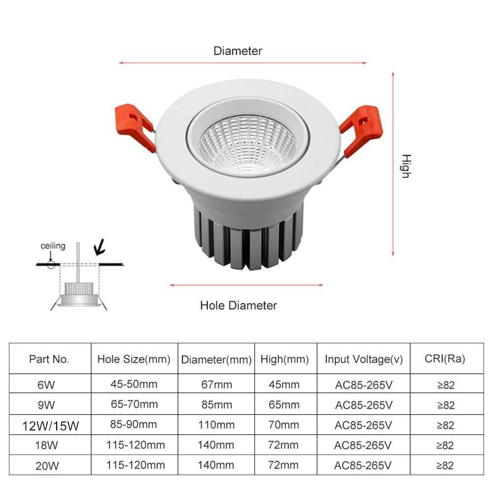 Dimmable LED Recessed Downlight 6W 9W 12W 15W 18W COB Chip LED Ceiling light Spot Lamp White/ Warm white/Natural White