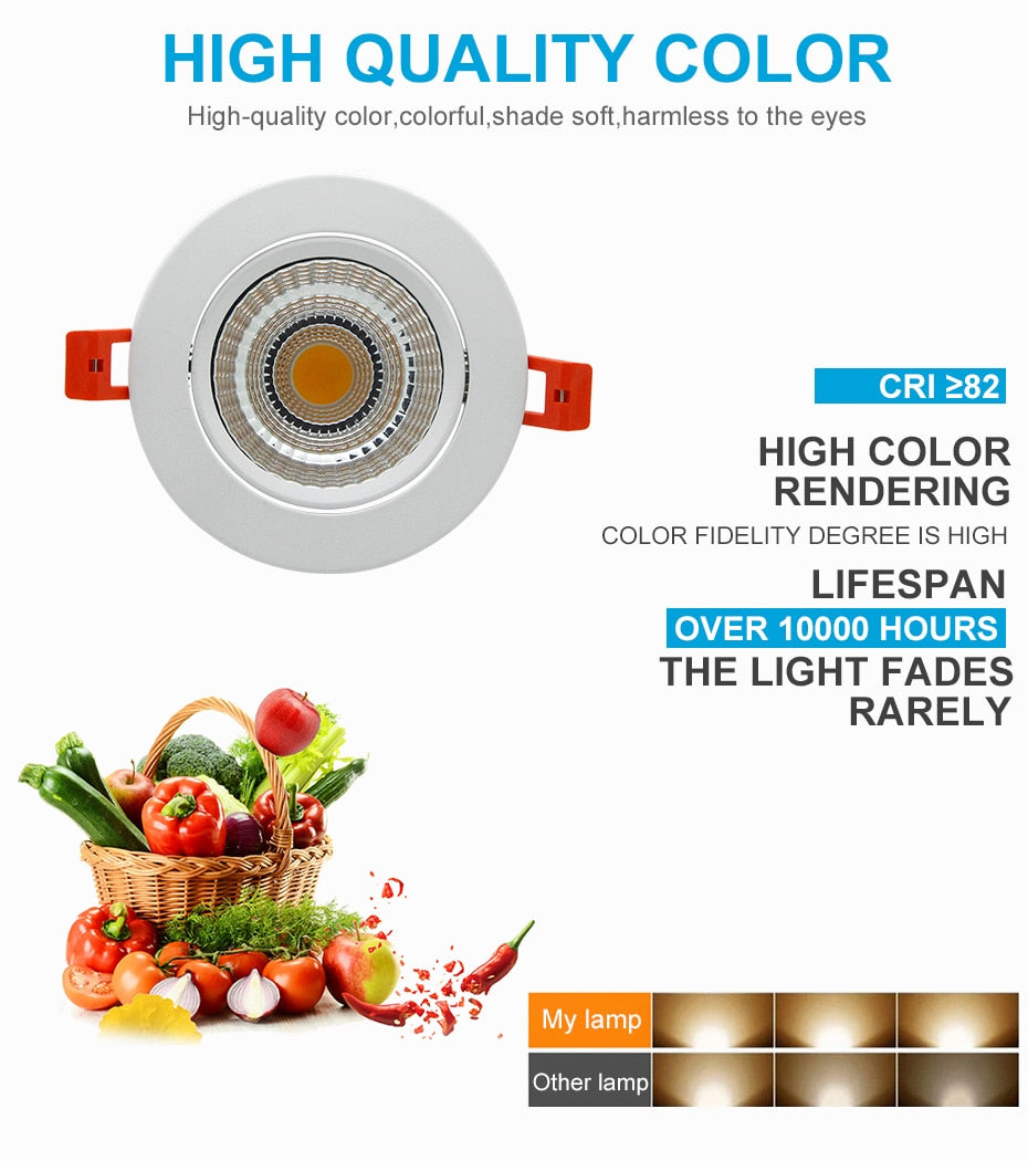 Dimmable LED Recessed Downlight 6W 9W 12W 15W 18W COB Chip LED Ceiling light Spot Lamp White/ Warm white/Natural White