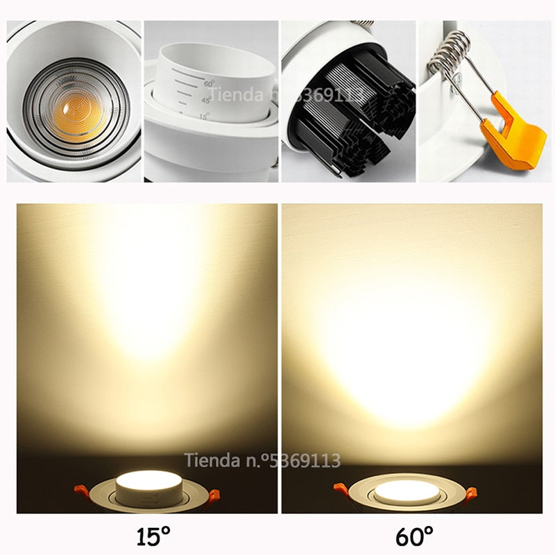 Beam Angle Adjustable 15/45/60 Degrees Recessed LED Downlight 5W 7W 10W 12W Dimmable LED Ceiling Spot Light AC90-265V 3000K