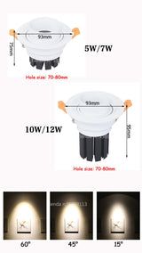 Beam Angle Adjustable 15/45/60 Degrees Recessed LED Downlight 5W 7W 10W 12W Dimmable LED Ceiling Spot Light AC90-265V 3000K
