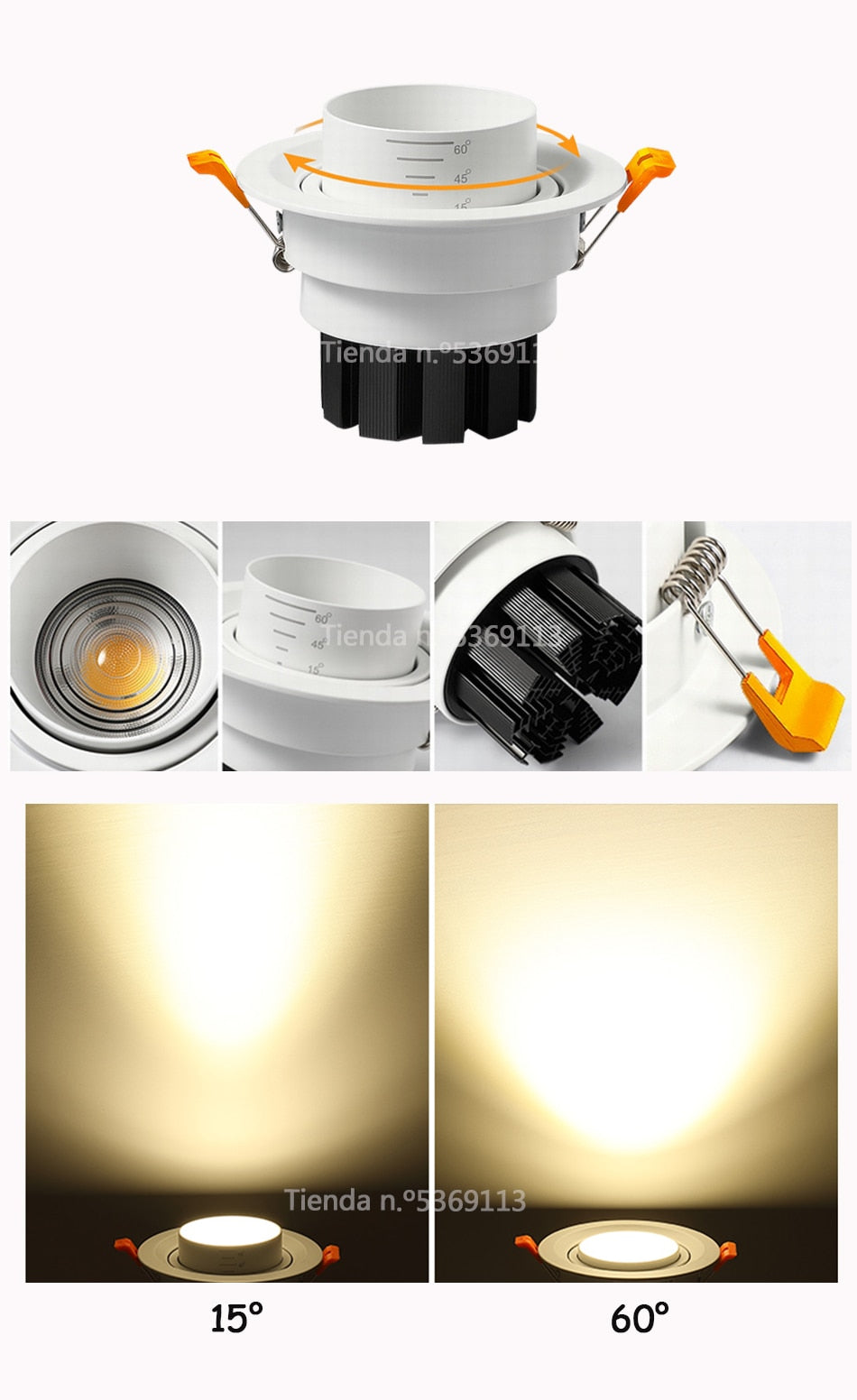 Beam Angle Adjustable 15/45/60 Degrees Recessed LED Downlight 5W 7W 10W 12W Dimmable LED Ceiling Spot Light AC90-265V 3000K