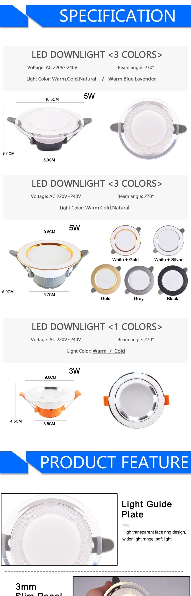 New Downlight 3W 5W ceiling led downlight AC220V six color recessed led downlight Kitchen living room Indoor recessed light spot