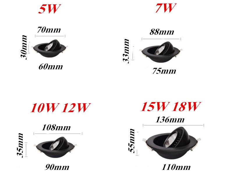 Rotatable Angle LED Recessed Downlight 5W 7W 10W 15W 18W LED Ceiling Spot Light AC 110V 220V Black/White Housing Light