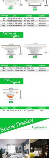 Silver White Ultra Bright LED Downlight 3w 5w 10w 15w Thin Round LED Ceiling Recessed Spot Light AC85~240v Down Light Cold Warm