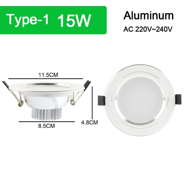 Silver White Ultra Bright LED Downlight 3w 5w 10w 15w Thin Round LED Ceiling Recessed Spot Light AC85~240v Down Light Cold Warm